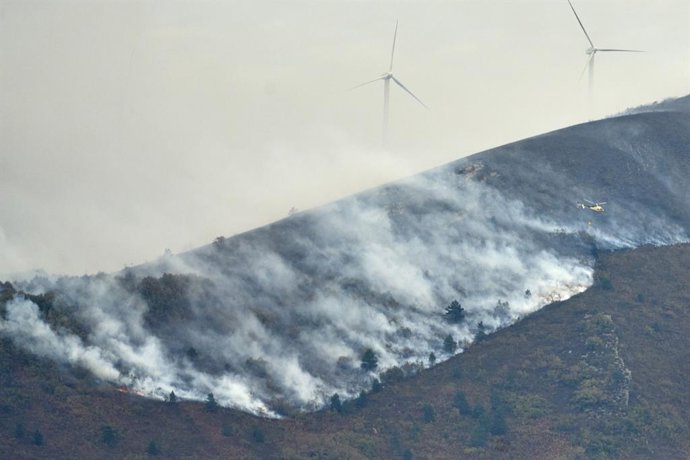Archivo - Arquivo - Bombeiros trabalham para conter um grande incêndio na Serra de Elgea, em Álava.