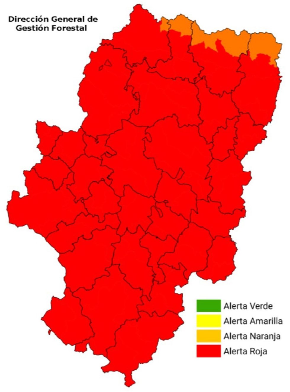 Casi todo Aragón está en alerta roja por peligro de incendios forestales este miércoles, 24 de junio de 2026.
