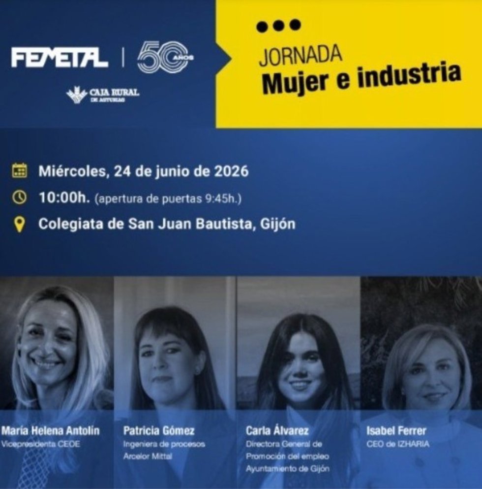 Cartel de la Jornada 'Mujer e Industria: referentes que inspiran el futuro del sector', organizada por Femetal, en Gijón.