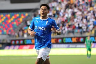 Futbol, Audax Italiano vs Universidad Catolica, campeonato 2026  Fecha 9, Liga de Primera 2026.  El jugador de Universidad Catolica Matias Palavecino, centro, celebra un gol contra Audax Italiano durante un partido de  primera disputado en el estadio
