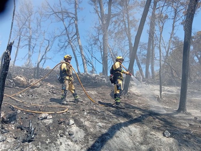 Bomberos del Ibanat en el incendio forestal de Can Milec.