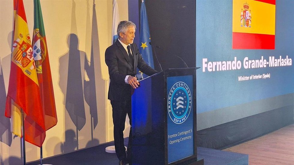 El ministro del Interior, Fernando Grande-Marlaska, durante la inauguración de la nueva oficina de la Agencia Europea de la Guardia de Fronteras y Costas, que coordinará las operaciones conjuntas de Frontex en España y Portugal.