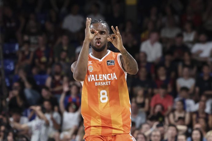 Jean Montero of Valencia Basket celebrates a basket during the Spanish League, Liga ACB Endesa, basketball Final Game 3 match played between FC Barcelona and Valencia Basket at Palau Blaugrana on June 22, 2026 in Barcelona, Spain.