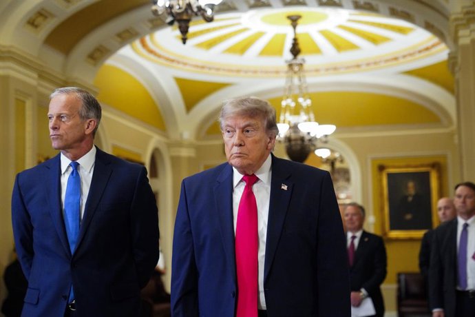 June 24, 2026, Washington, District Of Columbia, USA: United States President Donald J Trump walks  with United States Senate Majority Leader John Thune (Republican of South Dakota) to the US Senate Republican luncheon in the US Capitol in Washington, DC,
