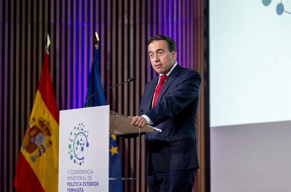 El ministro de Asuntos Exteriores, Unión Europea y Cooperación, José Manuel Albares, inaugura la V Conferencia Ministerial de Política Exterior Feminista, a 2 de junio de 2026, en Madrid (España). Este foro internacional reúne a delegaciones globales bajo