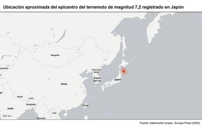 Archivo - Ubicación aproximada del epicentro del terremoto de magnitud 7,2 registrado en Japón