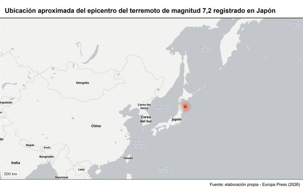 Archivo - Ubicación aproximada del epicentro del terremoto de magnitud 7,2 registrado en Japón