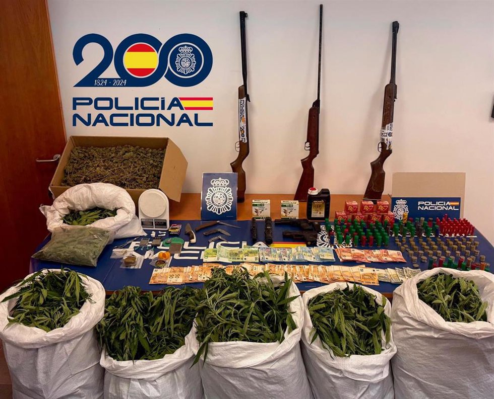 Plantas de marihuana y armas de fuego incautadas en una finca de Coria del Río
