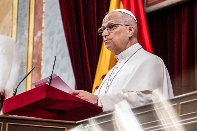 El Papa León XIV interviene durante su visita al Congreso de los Diputados, a 8 de junio de 2026