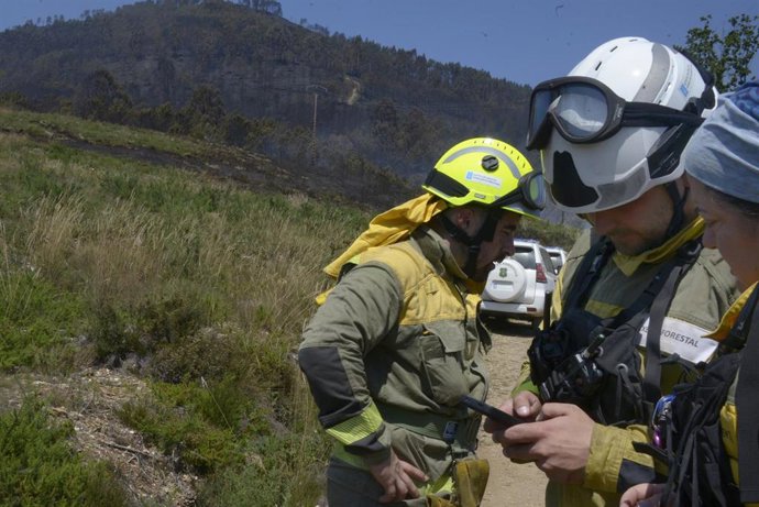 Bomberos trabajan en la zona del incendio, a 15 de junio de 2026, en Boborás, Ourense, Galicia (España). La alcaldesa de Boborás ha indicado que los servicios de emergencia le han trasladado que el fuego afecta ya a entre 200 y 240 hectáreas, pero la baja