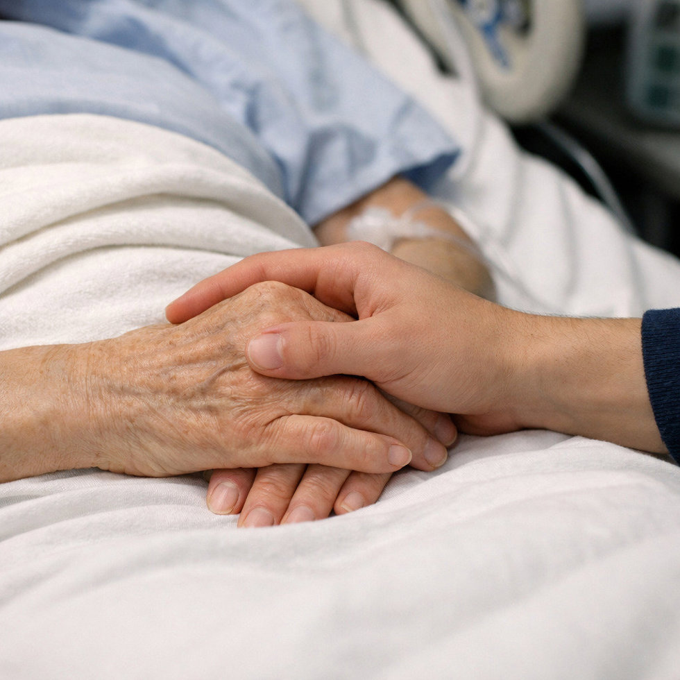 Archivo - Una persona acaricia a un paciente en un hospital