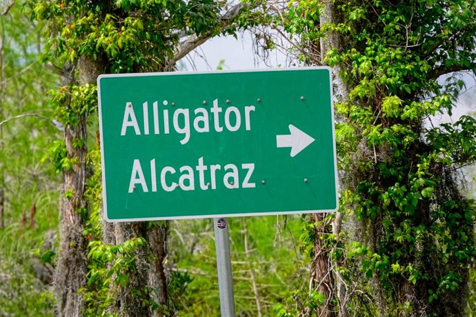 Archivo - Arquivo - 20 de março de 2026, Ochopee, Flórida, Estados Unidos: Placa indicando “Alligator Alcatraz”, um centro de detenção no sul da Flórida utilizado como centro de detenção de imigrantes no antigo Aeroporto de Treinamento e Transição de Dade