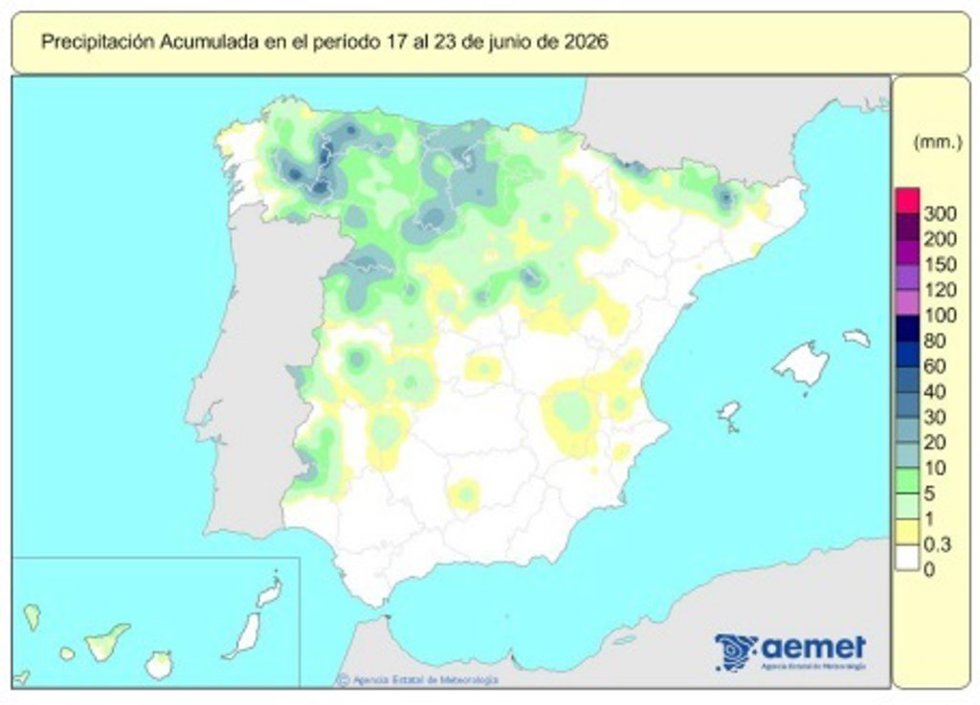 España registra 607 l/m2 de lluvias acumuladas desde el 1 de octubre, un 11% por encima de lo normal.