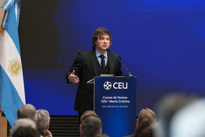 El presidente de Argentina, Javier Milei, durante la presentación de los Cursos de Verano CEU-María Cristina, en la Universidad CEU San Pablo, a 26 de junio de 2026, en Madrid (España).