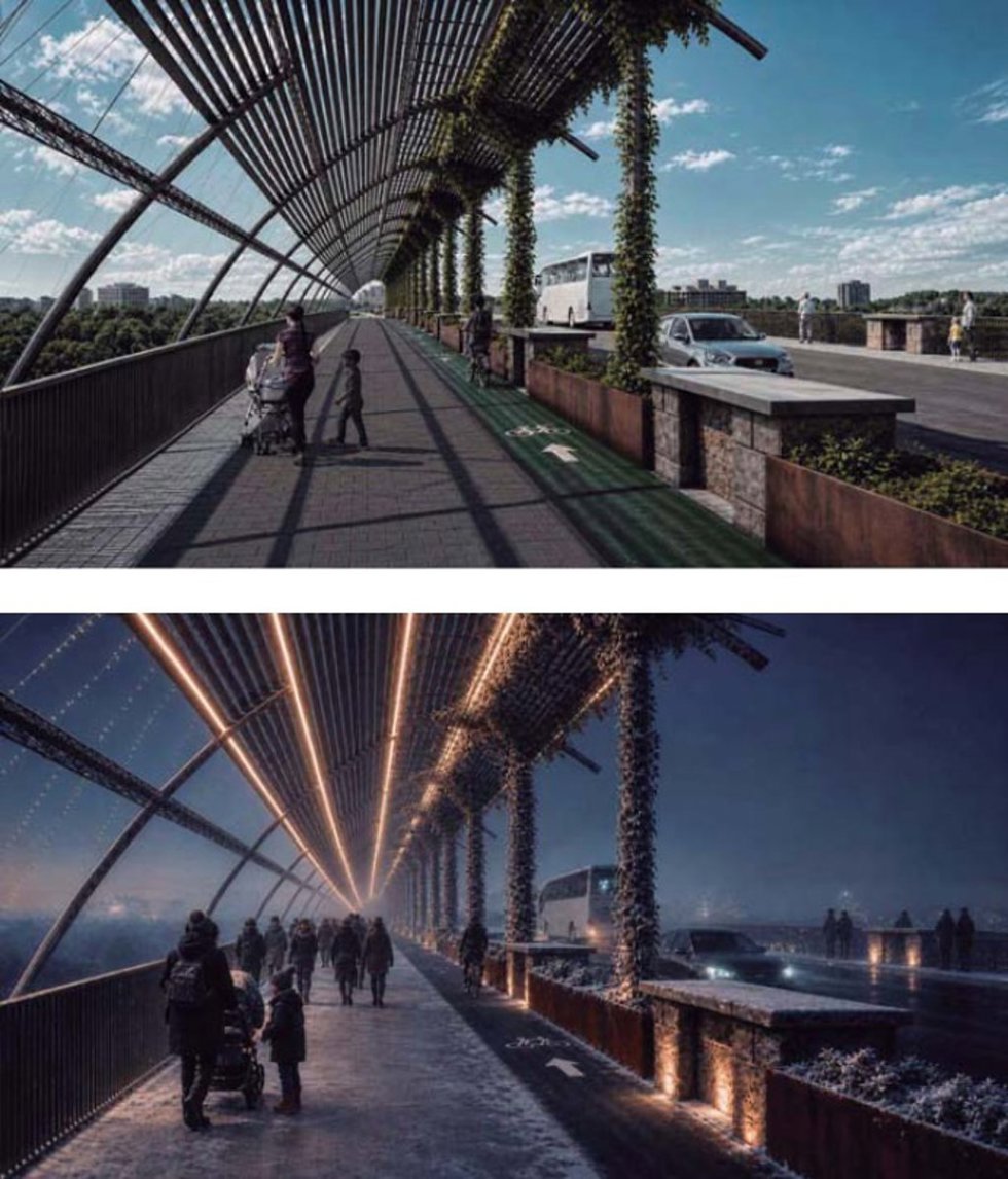 Recreación del diseño de la acera cubierta por pérgola en el diseño de la ampliación del puente del Poniente.