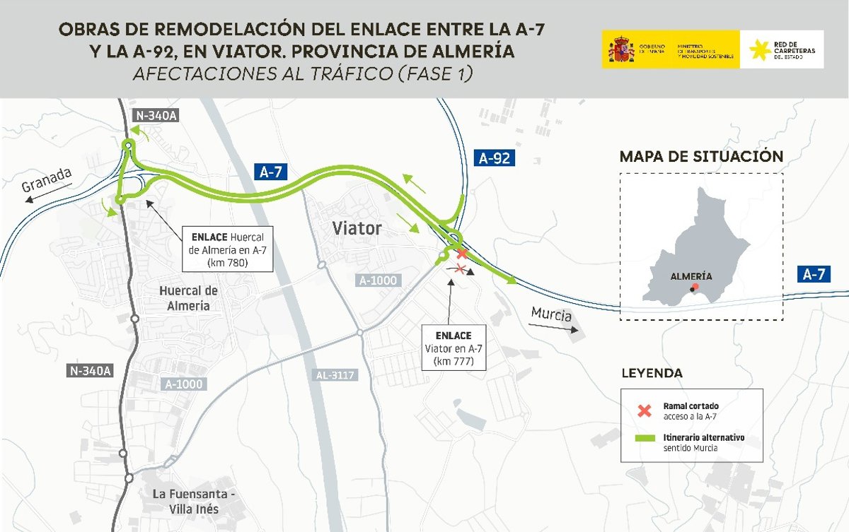 Cortes parciales y desvíos hasta el 14 de julio por la remodelación del enlace de Viator (Almería) en la A-7
