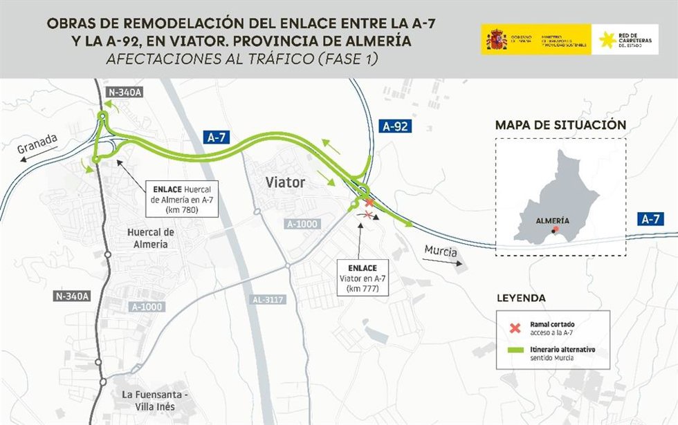 Planificación de obras en el enlace entre la A-7 y la A-92 en Viator (Almería).