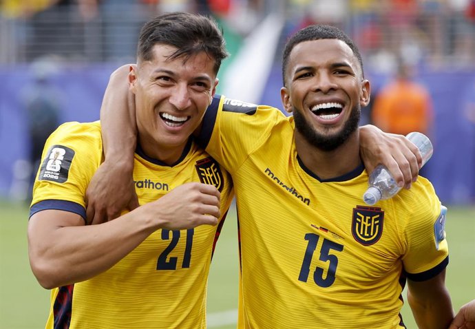 Alan Franco #21, Pedro Vite #15 of Ecuador celebrate the victory following the FIFA World Cup 2026, Group E football match between Ecuador and Germany on June 25, 2026 at New York New Jersey Stadium, MetLife Stadium in East Rutherford