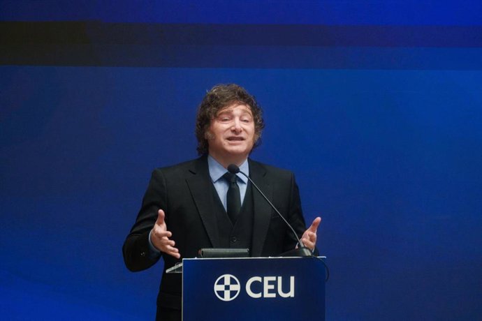 El presidente de Argentina, Javier Milei, durante la presentación de los Cursos de Verano CEU-María Cristina, en la Universidad CEU San Pablo, a 26 de junio de 2026, en Madrid (España). 