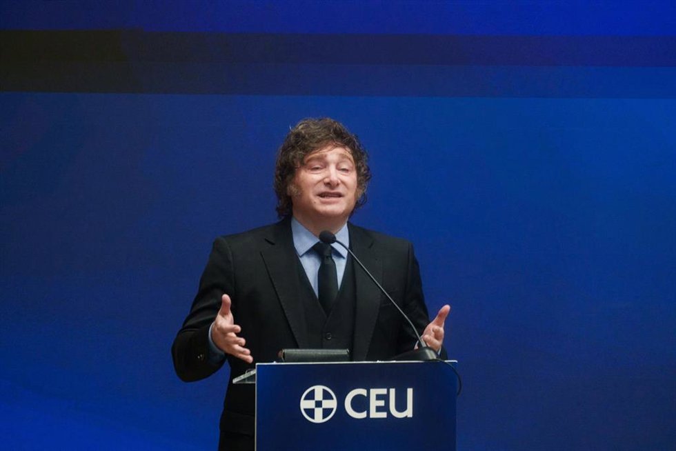 El presidente de Argentina, Javier Milei, durante la presentación de los Cursos de Verano CEU-María Cristina, en la Universidad CEU San Pablo, a 26 de junio de 2026, en Madrid (España).