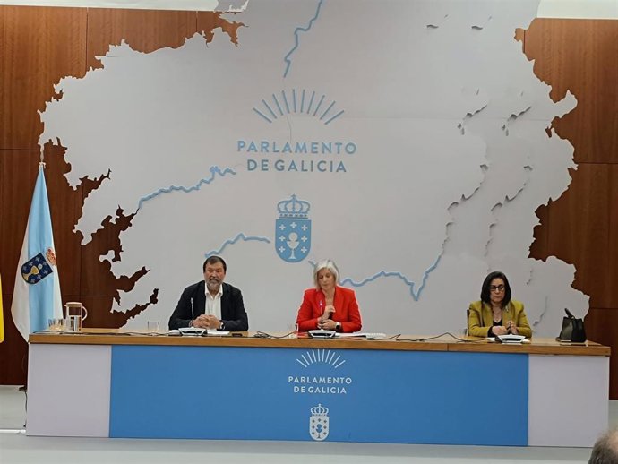 El exminsitro de Justicia Francisco Caamaño; la parlamentaria del PSdeG Patricia Iglesias y la profesora de Ciencias Políticas y de la Administración de la USC Nieves Lagares en las jornadas organizadas por los socialistas en el Parlamento de Galicia