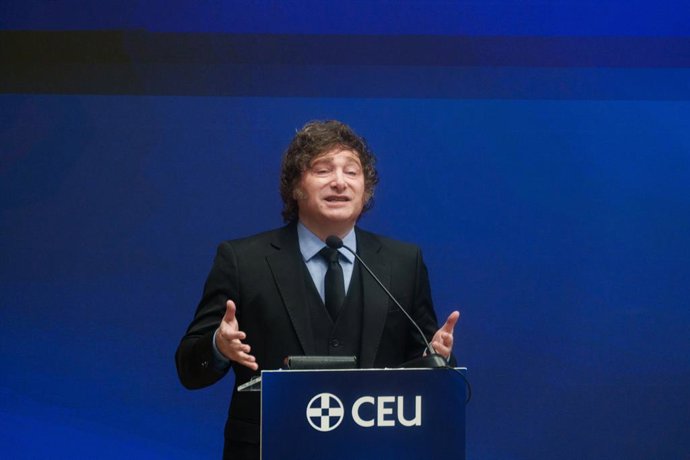 El presidente de Argentina, Javier Milei, durante la presentación de los Cursos de Verano CEU-María Cristina, en la Universidad CEU San Pablo, a 26 de junio de 2026, en Madrid (España). La II Edición de los Cursos de Verano CEU-María Cristina es un foro