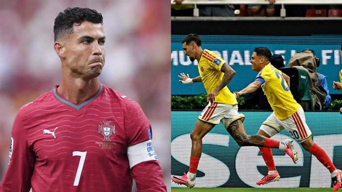El futbolista portugués Cristiano Ronaldo (izquierda), y los colombianos Daniel Muñoz y Juan Quintero, en el Mundial 2026.