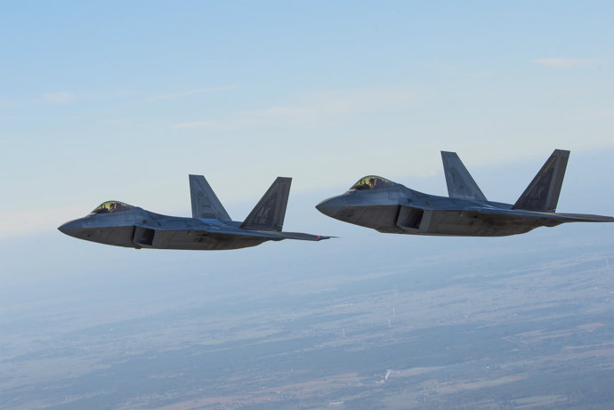 12 October 2022, Poland, Lask: Two US Air Force F-22 Raptor 