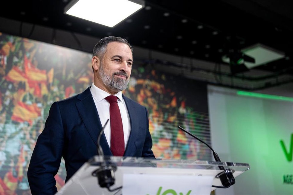 Archivo - El presidente de VOX, Santiago Abascal, en la sede nacional del partido.