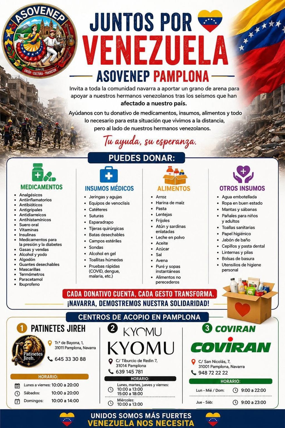 Cartel con la campaña de recogida de productos de primera necesidad para Venezuela.