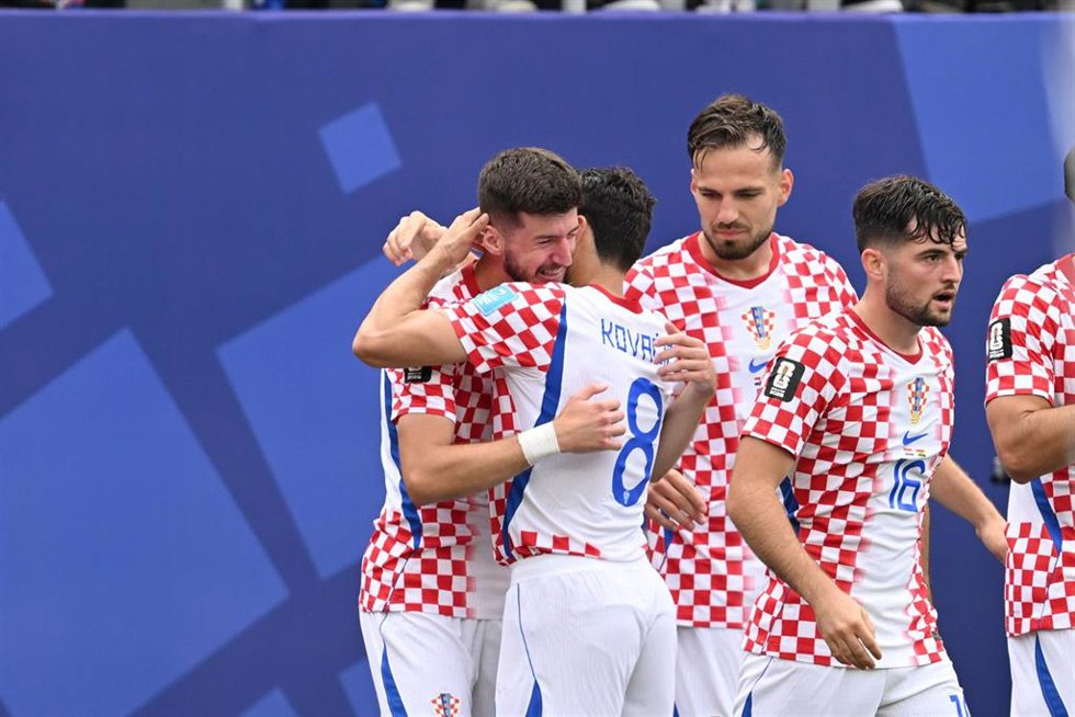 PHILADELPHIA, PA - JUNE 27: Petar Sucic #17 of Croatia celebrates a goal with teammates during the FIFA World Cup 2026 Group L match between Croatia and Ghana on June 27th, 2026 at Philadelphia Stadium in Philadelphia, PA.