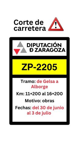 Cartel de aviso del corte de la ZP-2205 por obras del 30 de junio al 3 de julio.