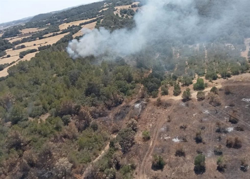 Vista aérea del incendio iniciado en un bosque de Can Milec.