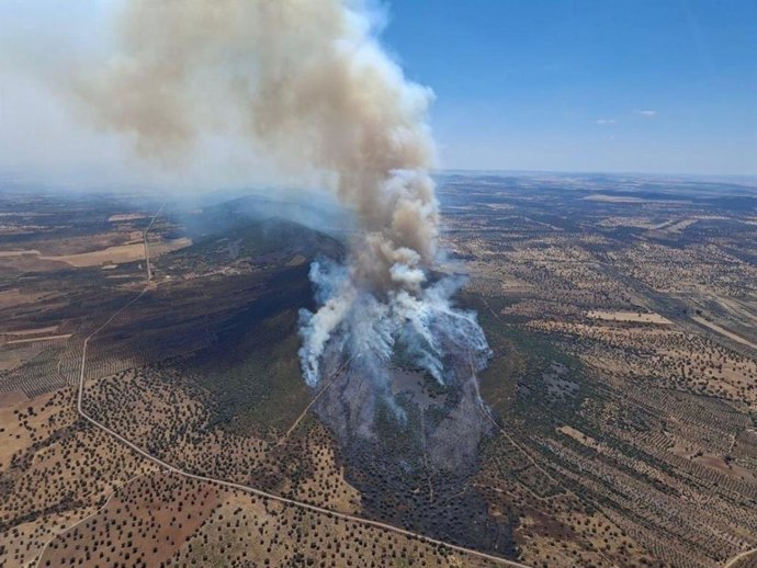 Incendio forestal declarado en Castuera (Badajoz), a 28 de junio de 2026.