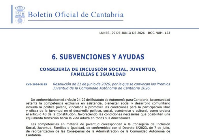 El Gobierno convoca los Premios Juventud de Cantabria
