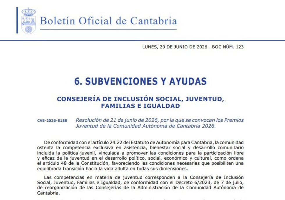 El Gobierno convoca los Premios Juventud de Cantabria