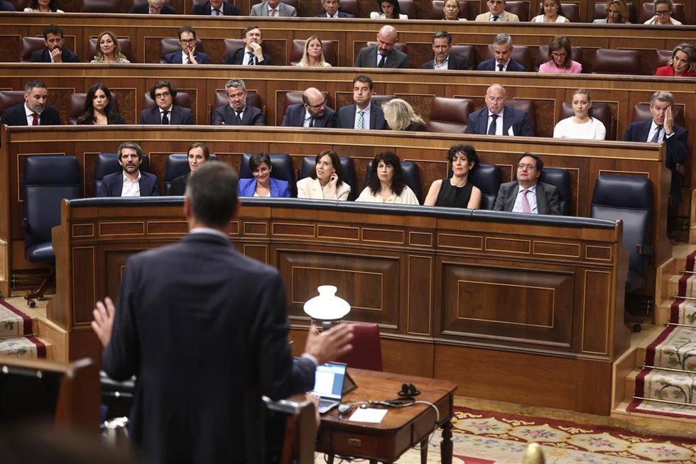 El presidente del Gobierno, Pedro Sánchez, interviene durante una sesión de control al Gobierno, en el Congreso de los Diputados, a 24 de junio de 2026, en Madrid (España).
