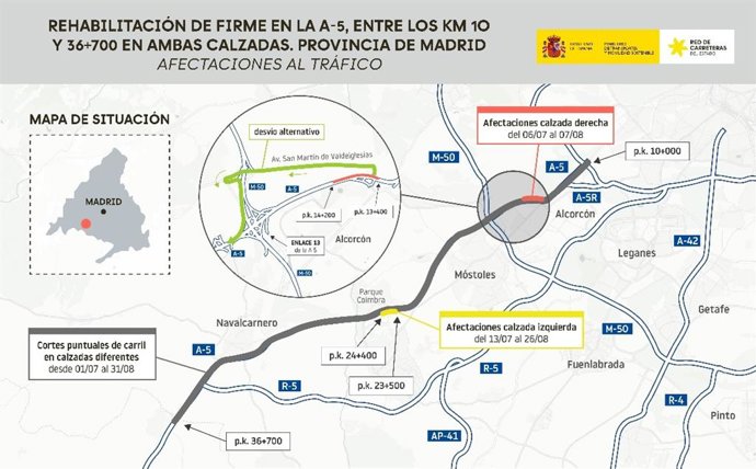 Obras de mejora del firme de la A-5 a su paso por Alcorcón, Móstoles y Navalcarnero,