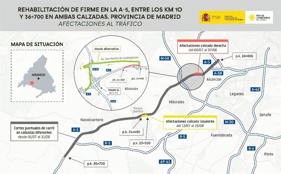 Obras de mejora del firme de la A-5 a su paso por Alcorcón, Móstoles y Navalcarnero,
