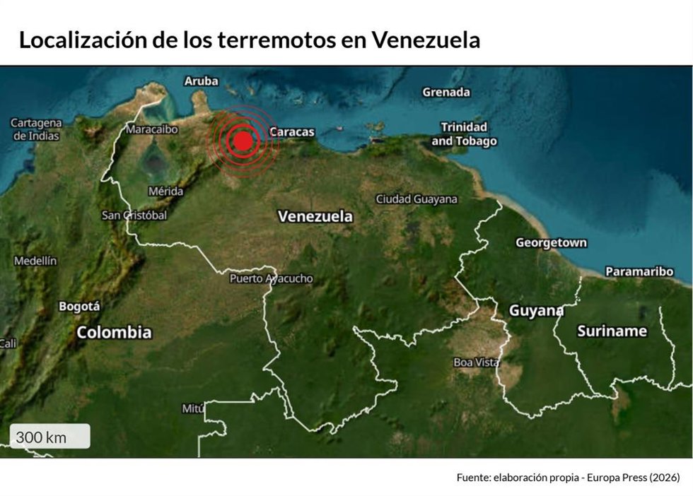 Localización de los terremotos en Venezuela. Al menos 32 personas han muerto y más de 700 han resultado heridas en Venezuela a causa del doble terremoto de magnitud 7,2 y 7,5 en la escala Richter ocurrido en el norte del país.