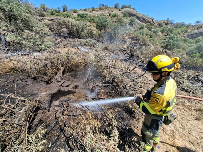 Bomberos de Infoar refrescan la zona del incendio que La Litera