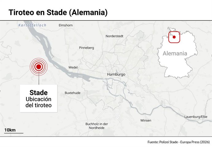 Mapa con localización del tiroteo en Stade (Alemania). Un tiroteo en Stade, en el norte de Alemania, ha dejado cinco fallecidos y varios heridos.