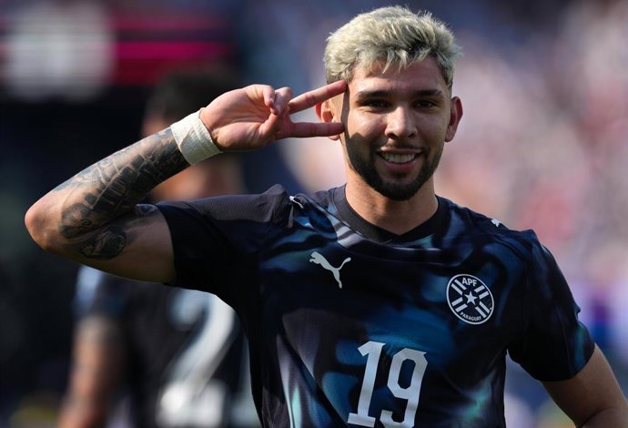 29 June 2026, US, Foxborough: Paraguay's Julio Enciso celebrates scoring his side's first goal during the 2026 FIFA World Cup round of 32 soccer match between Germany and Paraguay at Boston Stadium. Photo: Nick Potts/PA Wire/dpa