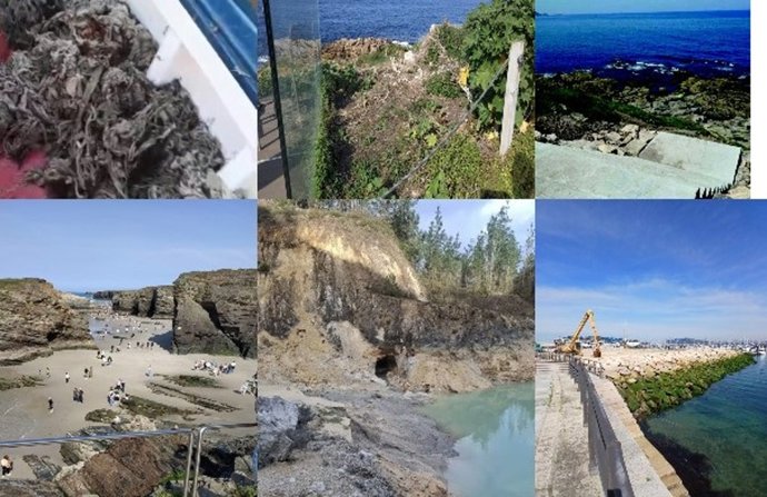 De izquierda a derecha y de arriba a abajo: Contaminación en la ría de Ferrol, Illa Pancha, Cabo Estai, Praia das Catedrais, Mina de Monte Neme y puerto de Baiona.