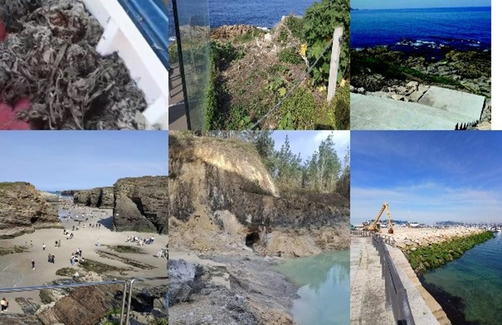 De izquierda a derecha y de arriba a abajo: Contaminación en la ría de Ferrol, Illa Pancha, Cabo Estai, Praia das Catedrais, Mina de Monte Neme y puerto de Baiona.