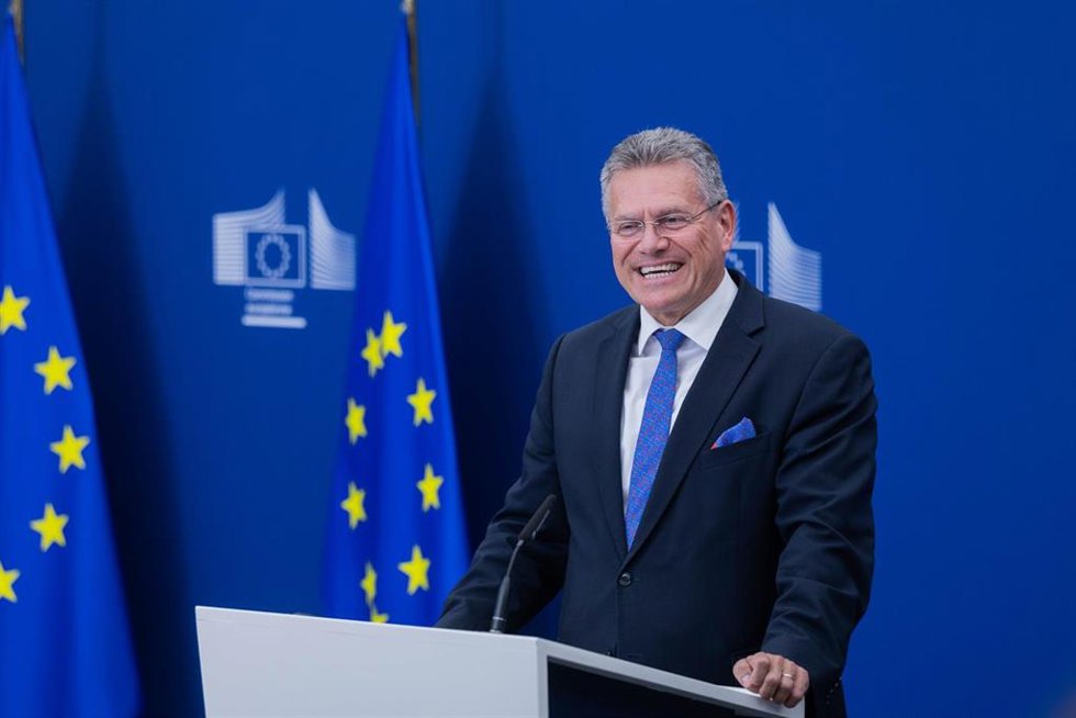 El negociador comercial de la Unión Europea, el comisario Maros Sefcovic, en una ruead de prensa en Bruselas.