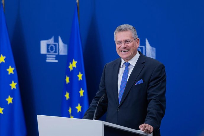 O negociador comercial da União Europeia, o comissário Maros Sefcovic, em uma coletiva de imprensa em Bruxelas.