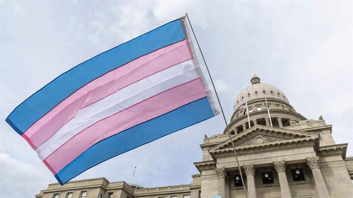 April 4, 2026: A person flies a transgender pride flag outside the Idaho Capitol during a Trans Day of Visibility rally on March 31, 2026, in Boise, Idaho.