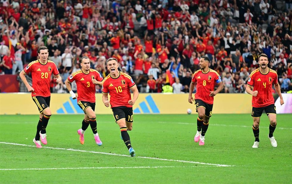 El extremo izquierdo belga Leandro Trossard celebrando su primer gol en el partido contra Nueva Zelanda en el Mundial de Estados Unidos, México y Canadá de 2026.