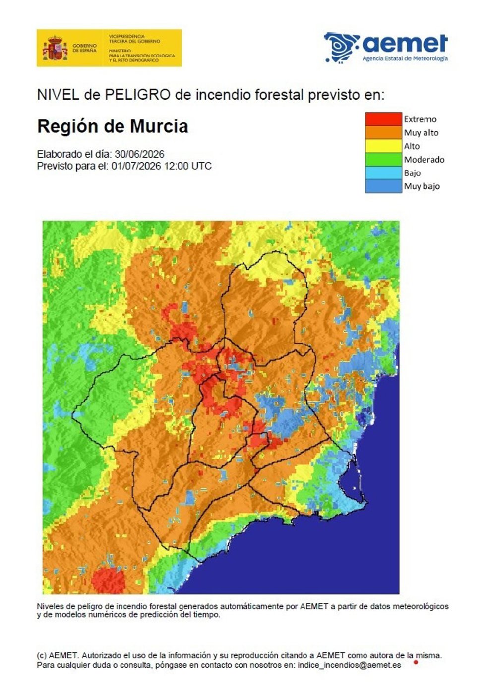 Nivel de peligro de incendio forestal previsto en la Región de Murcia para este miércoles, 1 de julio
